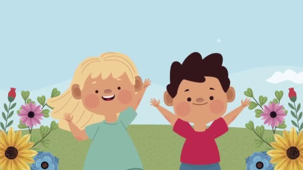Kleine kinderen paar in tuin landschap — Stockvideo