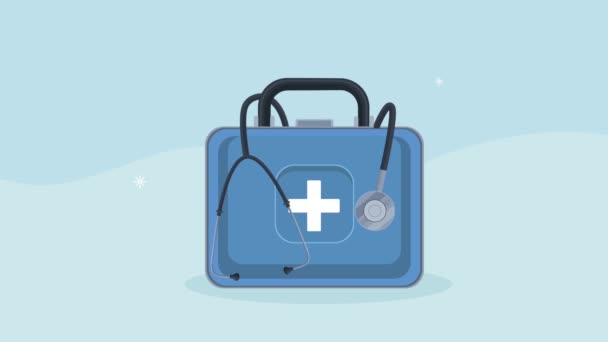 Healthcare medical animation with kit and stethoscope — Stock Video