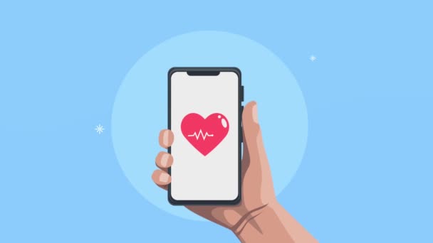Υγειονομική περίθαλψη ιατρική κινούμενα σχέδια με καρδιά καρδιο στο smartphone — Αρχείο Βίντεο