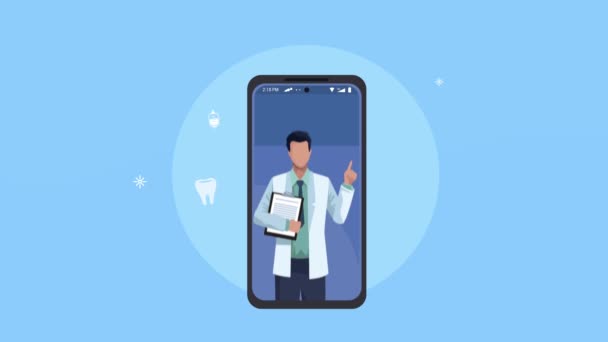 Υγειονομική περίθαλψη ιατρική κινούμενα σχέδια με γιατρό στο smartphone — Αρχείο Βίντεο