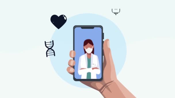 Animation médicale avec main et femme médecin dans smartphone — Video