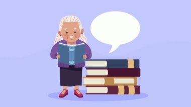 Animasyon kitapları okuyan yaşlı kadın.