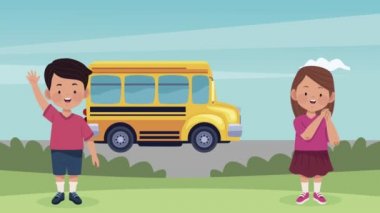 Çocuklar, çiftler ve otobüslerle okul animasyonuna