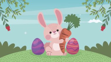 Mutlu Paskalya animasyonları. Tavşan havuç ve yumurta kaldırıyor.