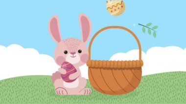 Mutlu Paskalya animasyonları. Tavşan ve yumurtalar sepette.