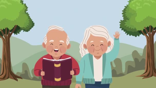 Ηλικιωμένο ζευγάρι studing ανάγνωση animation βιβλίο — Αρχείο Βίντεο
