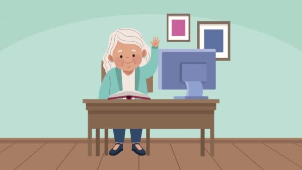 Old woman studing with desktop animation — Stock Video