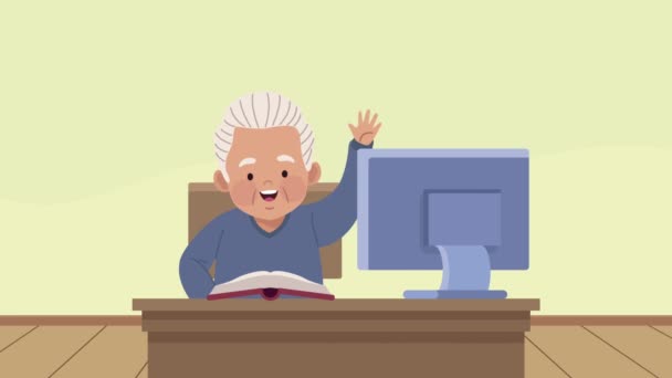 Old man studing with desktop animation — Stock Video