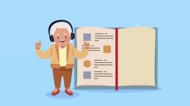 Stará žena studing s sluchátky a knižní animace — Stock video