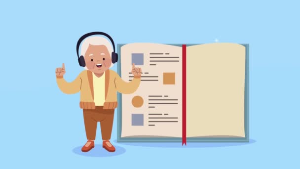 Old woman studing with headset and book animation — Stock Video