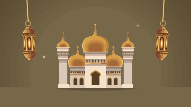 Ramadan kareem animation with mosque temple and lamps — Stock Video