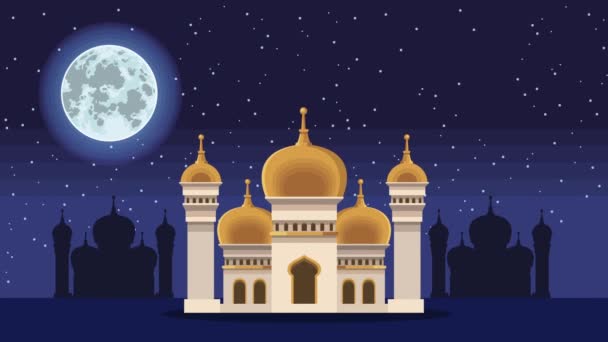 Ramadán kareem animace s mešitou hrad a fullmoon — Stock video