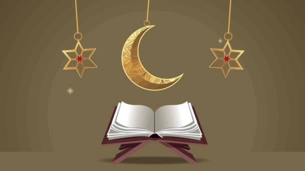 Ramadan kareem animation med månen hängande och koran — Stockvideo