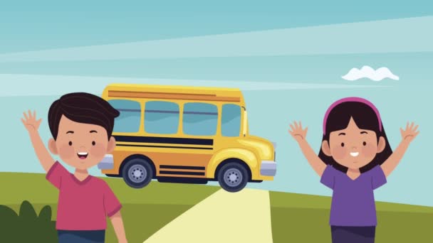 Terug naar school animatie met kleine kinderen en bus — Stockvideo