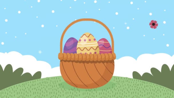 Happy easter animation with eggs in basket — Stock Video