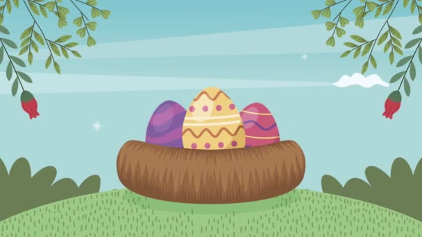 Glad påsk animation med ägg i boet — Stockvideo