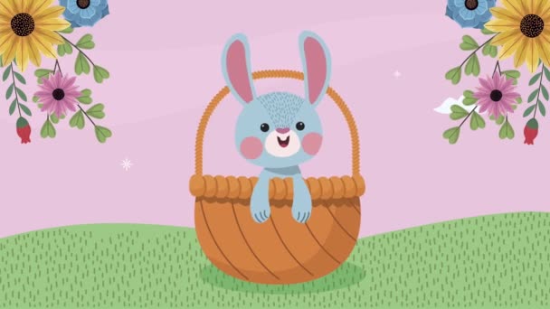 Glad påsk animation med kanin i korg och blommor — Stockvideo