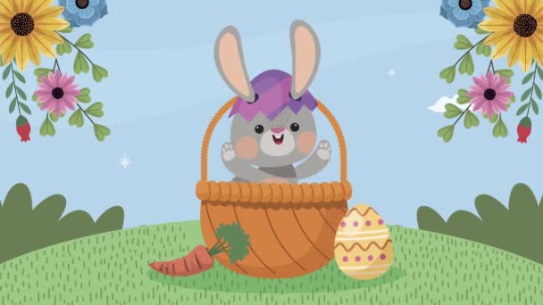 Веселая анимация с симпатичным кроликом в корзине — стоковое видео
