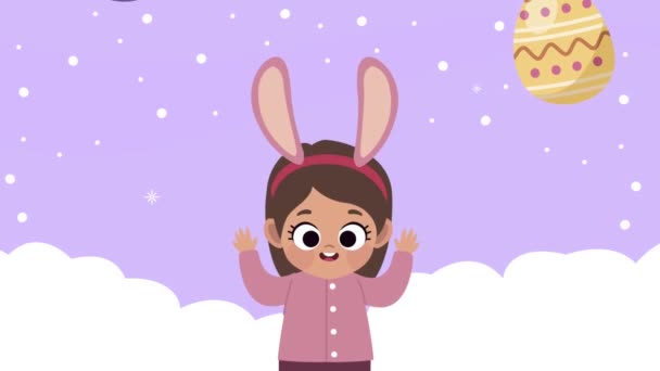 Happy easter animation with girl wearing rabbit ears and eggs — Stock Video