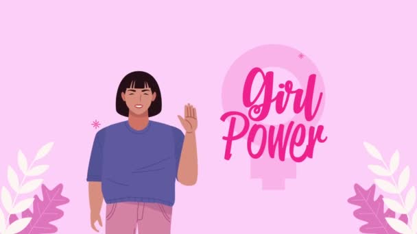 Girl power lettering with woman and leafs — Stock Video