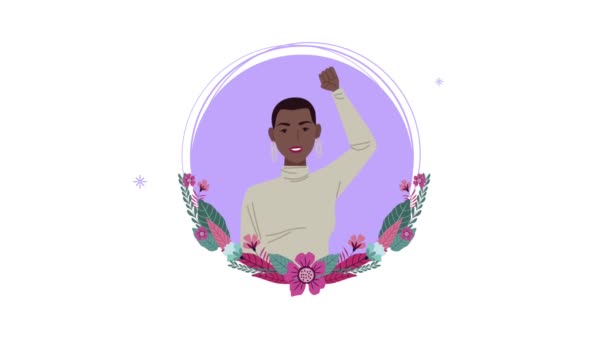 Animación feliz día de las mujeres con afro mujer y flores — Vídeo de stock