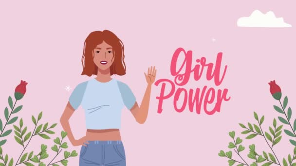 Girl Power Schriftzug mit Frau und Blumen — Stockvideo
