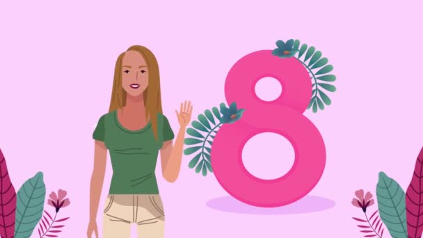 Happy womens day number eight with beauty lady — Stock Video