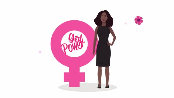 Girl Power Schriftzug mit Afro-Frau und weiblichem Geschlecht — Stockvideo