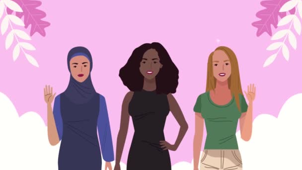 Heureuse animation de la journée des femmes avec trois filles et des feuilles — Video