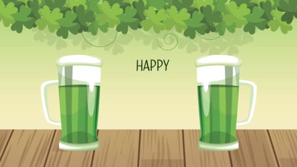 Saint patricks day lettering with beers and clovers — Stock Video