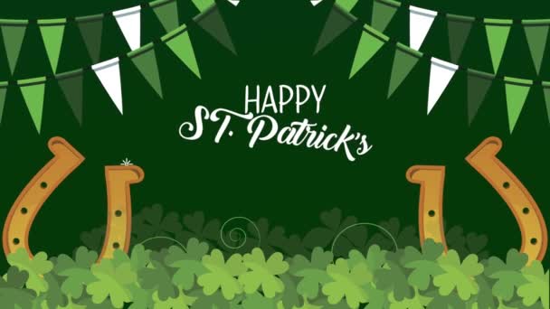 Saint patricks day lettering with horseshoes and garlands — Stock Video