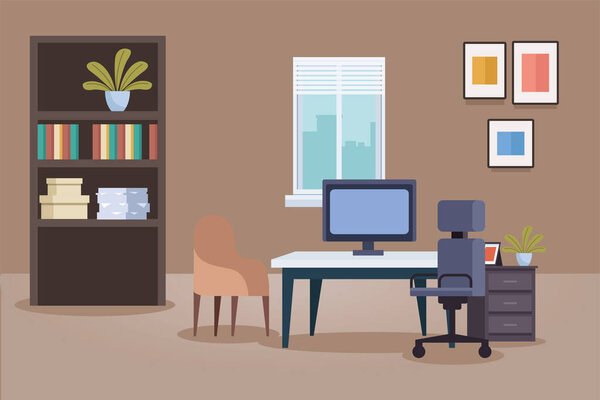 Oficina lugar de trabajo con escritorio — Vector de stock