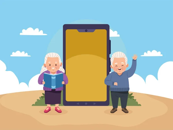Old couple studing with smartphone — Stock Vector