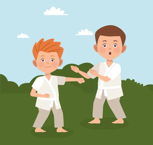 Boys couple practicing karate — Stock Vector