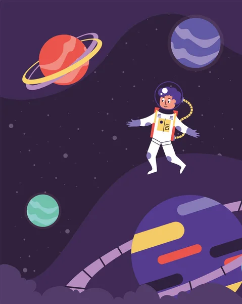 Astronauta y planetas espacio — Vector de stock