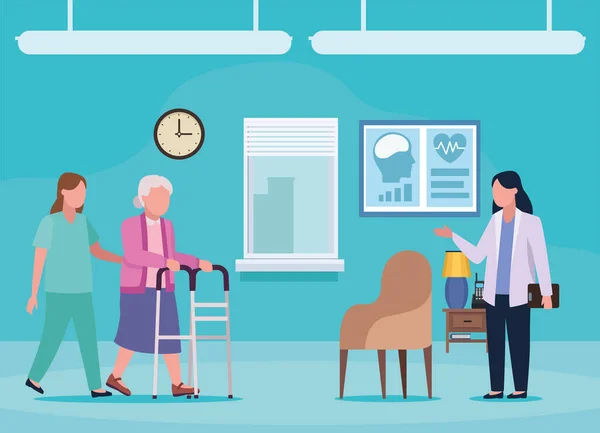 Ηλικιωμένη γυναίκα με ιατρικό προσωπικό — Διανυσματικό Αρχείο