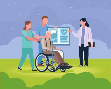 Geriatri personeli olan yaşlı adam.