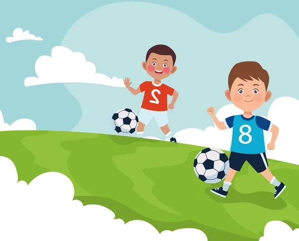 Boys couple practicing soccer — Stock Vector