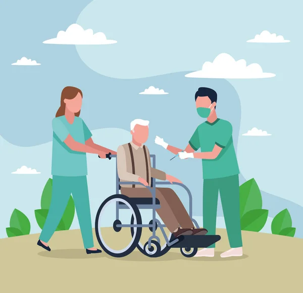 Anciano con médicos geriátricos — Vector de stock