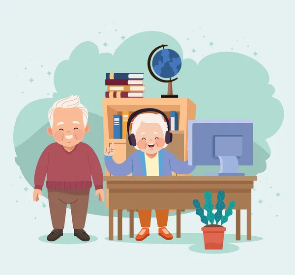 Old couple using desktop — Stock Vector