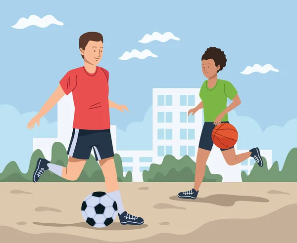 Pareja practicando fútbol — Vector de stock