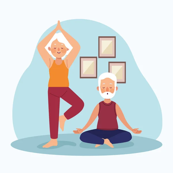 Bejaarde echtpaar beoefenen van yoga — Stockvector