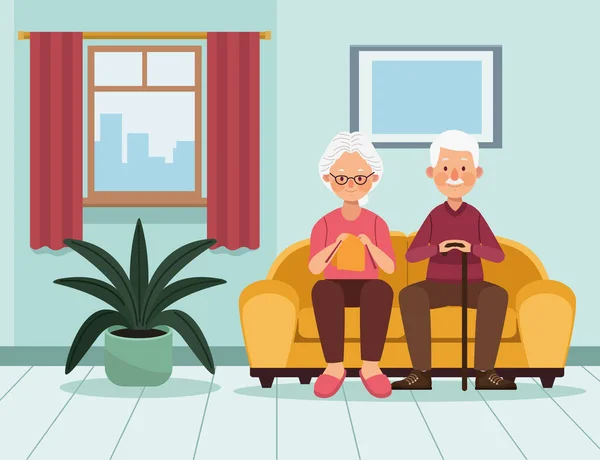 Pareja de ancianos sentados en un sofá — Vector de stock