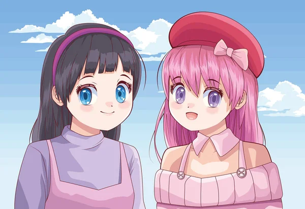 Chicas pareja anime estilo — Vector de stock