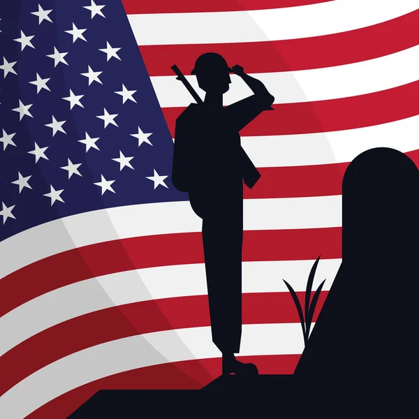 Soldat och Usa flaggan — Stock vektor