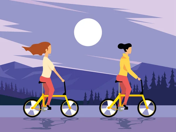 Filles cyclistes dans le paysage — Image vectorielle