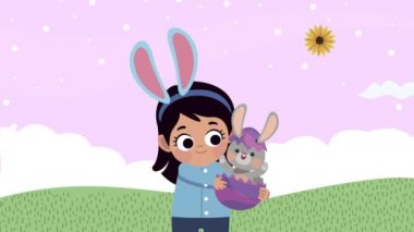 Bebek tavşan taşıyan bir kızla mutlu paskalya animasyonları.