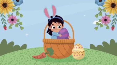 Mutlu Paskalya animasyonları. Kız ve yumurtalar sepette.