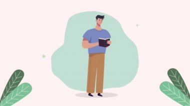 Kitap animasyonu okuyan genç bir öğrenci.