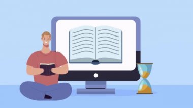 Genç öğrenci oturmuş kitap ve masaüstü okuyordu.